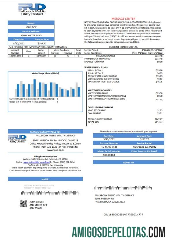 realista Modelo de conta de serviços públicos de Fallbrook dos EUA em formato Word e PDF